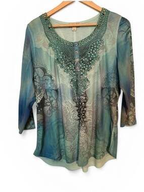 One World Women's XL Blue Green Watercolor Crochet Lace Neck Tunic Top